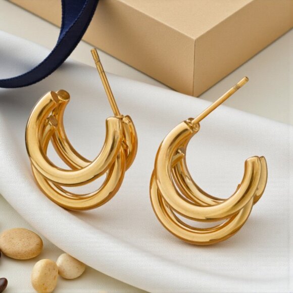 π Modern Muse Triple Hoop Timeless Earrings 18K Gold Plated Stainless Steel - Picture 8 of 10